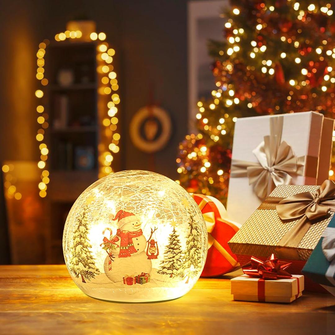 Christmas Snowman Globe with LED Lights, Christmas Decorations Indoor, Lighted Crackle Glass Globes, Battery Operated Xmas Globe Decor for Tabletop Home Party Centerpiece (3.9'')