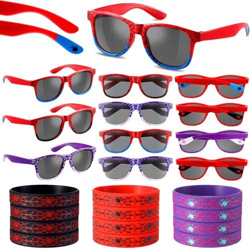 Kingdder 24 Pcs Spider Web Sunglasses and Silicone Wristbands Bracelets Spider Birthday Theme Party Favors Black Red Blue Party Decorations Supplies Gifts (Assorted)