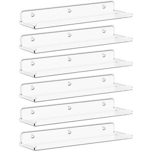 Lifewit Floating Shelves for Bathroom, Acrylic Wall Organizer for Perfume, Makeup, Figures, Nail Polish, Photo, Book, 14" Decor Display Rack for Nursery, Living Room, Bedroom, Kitchen, Clear, 6 Pack, 15 Inches