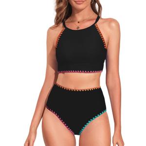 Herseas Women's Bikini Sets High Neck Tropical Leaf Print High Waisted Two Pieces Swimsuits Bathing Suits Small
