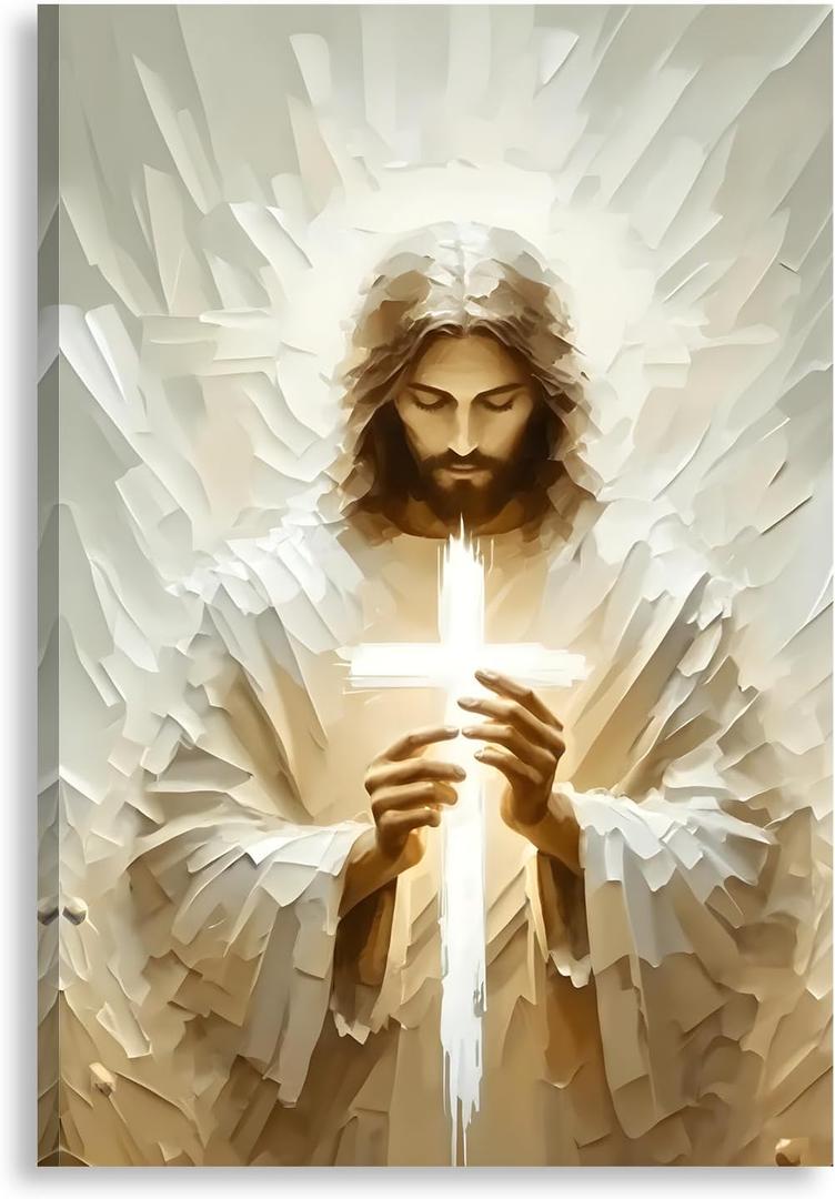 2D No Texture Jesus Canvas Wall Art with Holding Cross, Cross Paint Stripe Painting Poster, Christian Wall Decor, Jesus Picture for Wall Living Room Church Bedroom Home Decoration 24*36 in (Stretched Canvas on A Wooden Frame)
