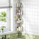 Urackify Corner Shower Caddy Tension Pole, 4 Tier Adjustable Bathroom Organizer Shelves, Shower Storage With Hidden Hook & Towel Holder,63.7-119 Inch No-Drill Quick Installation Shower Rack,Sliver