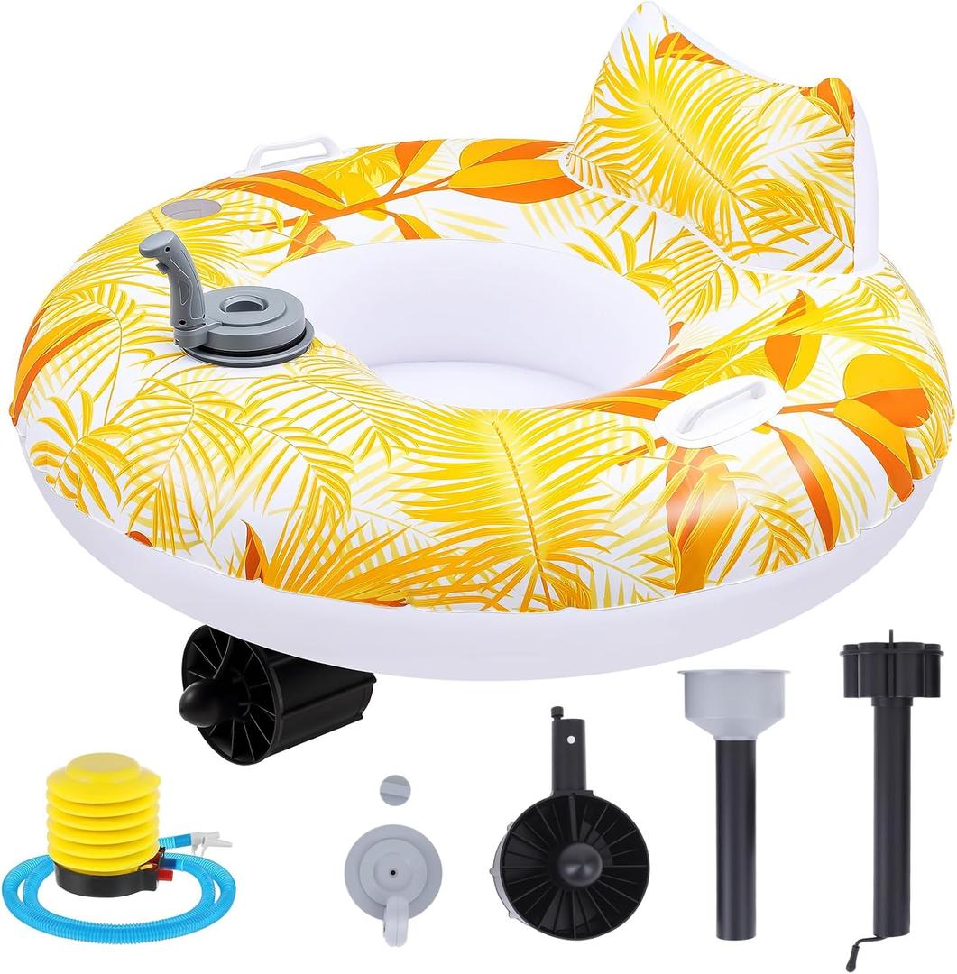 Motorized Pool Float for Adults, Electric Inflatable Pool Lounger with Motor Backrest Cup Holder Pusher Handles and Pump, Battery Powered Float Chair for Summer