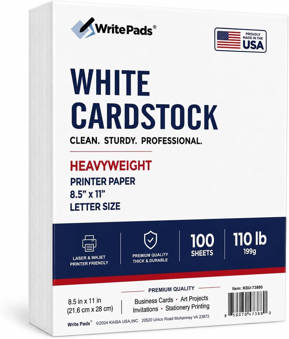 Kaisa White Cardstock 8.5 x 11”, 110LB/199GSM Heavyweight Card Stock, 100 Sheets, Thick Cardstock Printer Paper for Copy, Printing, Art Projects, Invitations, Made In USA (100, White-100)
