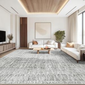 Living Room Rugs 9x12: Washable Moroccan Geometric Boho Rug Farmhouse Non Slip Stain Resistant Large Rug Low Pile Soft Carpet for Bedroom Dining Room Children Room (Grey,9'x12')