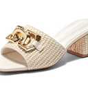 Coutgo Womens Raffia Slide Sandals Chunky Block Heeled Square Open Toe Metal Chain Slip on Mules Dressy Shoes, Beige, Size 6