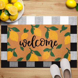 2 Pack Welcome Coir Door Mat Lemon and Buffalo Plaid Floor Mat for Entry Outdoor Indoor Heavy Duty Entryway Entrance Rug for Summer Front Door Porch Patio 35 x 23 and 28 x 16 Inch