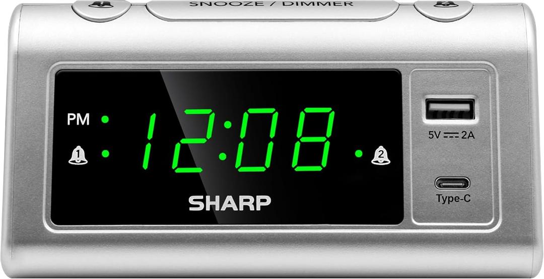 Sharp Alarm Clock for Bedrooms, Super Fast USB-C Charging and Fast 2 Amp USB Charging, 2 Alarms, 3-Step Dimmer, Snooze, Easy to Set Controls, Silver with Green LED Display