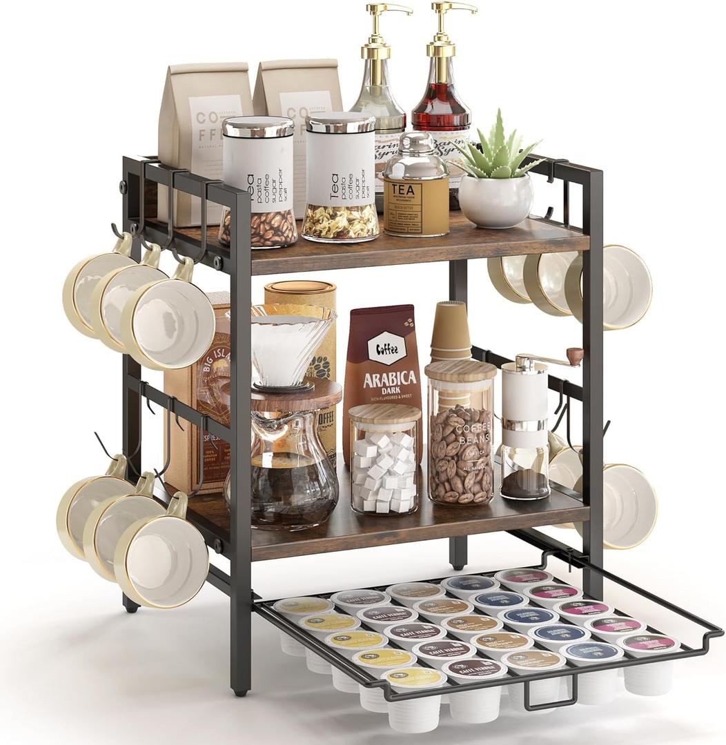 Coffee-Bar-Organizer With 25 K Cup & 12 Mup Holder, 3-Tier Kitchen Countertop Organizer For Coffee Station, Coffee Bar Shelf For Counter (X-Large, Rustic Brown)