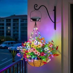 Solar Artificial Hanging Flowers Basket: Fake Hanging Plant Basket with RGB Solar String Lights for Outdoor - 10 Inch Hanging Baskets with Colorful Faux Flowers for Outside Porch Yard Patio Garden