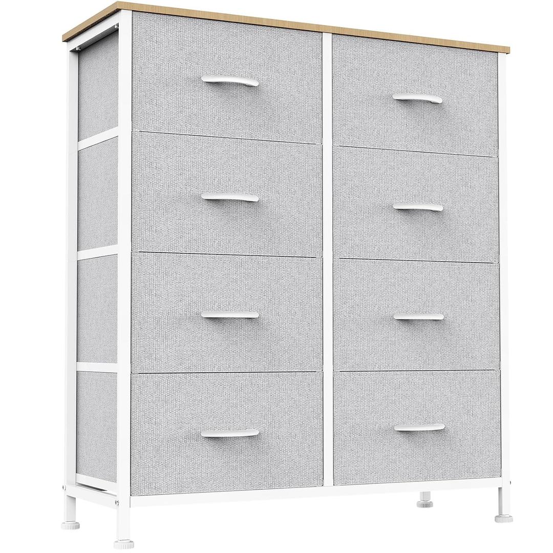 Sweetcrispy 8 Drawer Fabric Dresser for Bedroom, Tall Dresser, Light Grey
Chest of Drawers with Sturdy Steel Frame and Wooden Top, Closet Living Room Storage Organizer with Easy Pull Handles