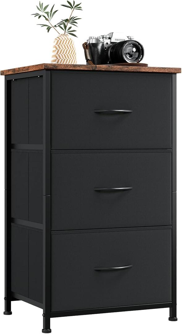 Somdot Small Dresser for Bedroom with 3 Drawers, Storage Chest of Drawers with Removable Fabric Bins for Closet Bedside Nursery Laundry Living Room Entryway Hallway, Black (11.8"D x 16.5"W x 28.2"H (3 Drawers), Black Rustic Brown)
