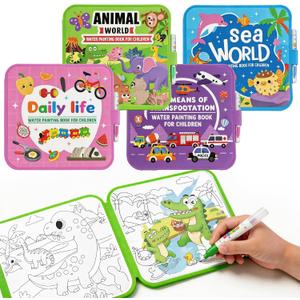 SAMZX Reusable Water Coloring Books for Toddlers 1-3, 4 Pack Magic Water Painting Book for Mess-Free Coloring, Travel Activity Toys & Educational Learning Kits Gifts for Kids Boys Girls Ages 3+