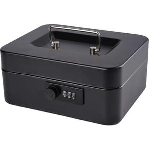 Cash Box with Money Tray and Combination Lock Metal Money Box for Cash Lock Box for Money 7.87" x 6.3" x 3.54" Black (Medium)