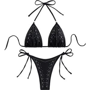 WDIRARA Women's 2 Piece Bikini Set Halter Triangle String Rhinestone Swimsuit Bathing Suit (Black, M)