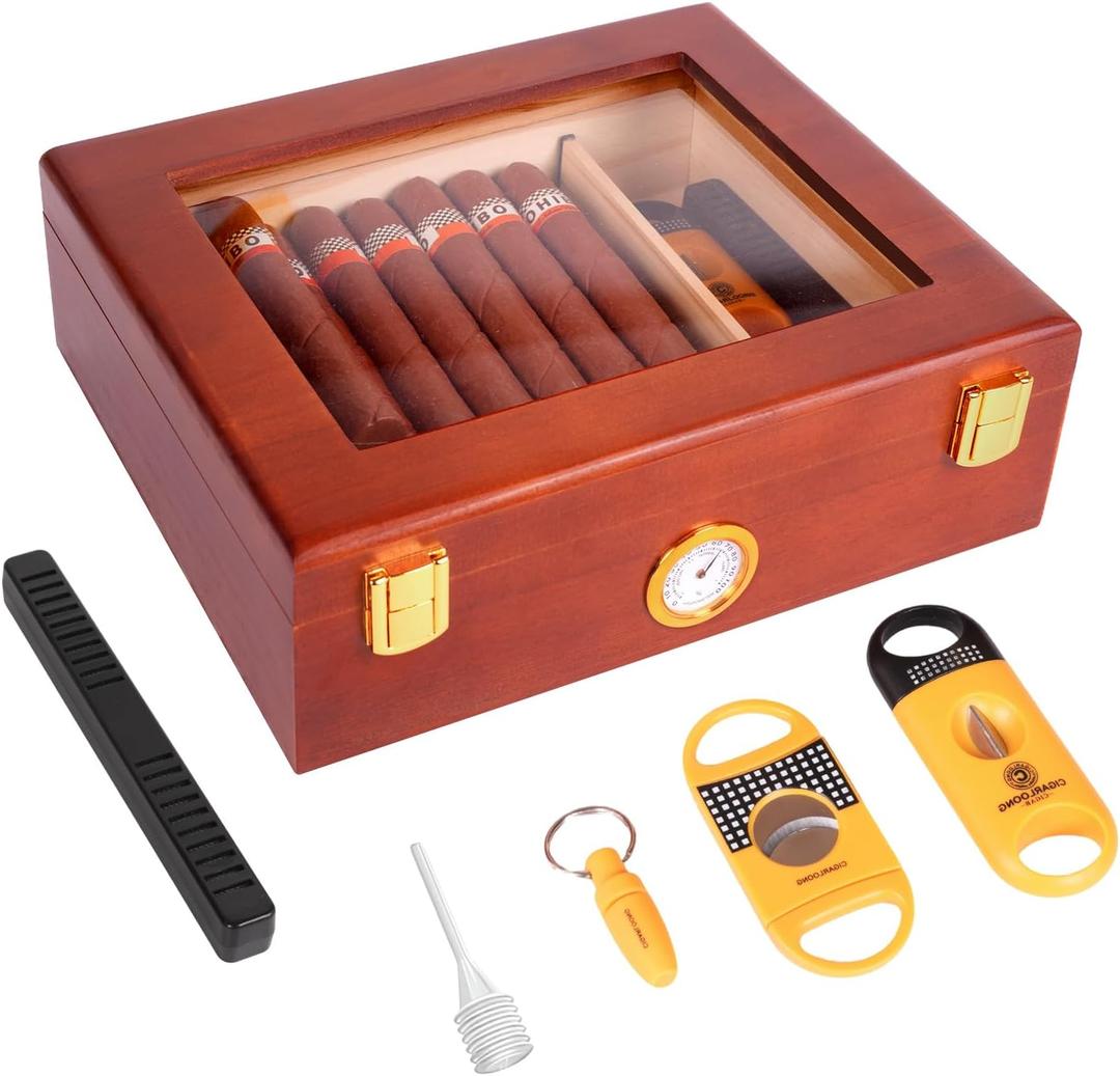 Desktop Cigar Humidor Box, Glass Top Cigar humidor with Hygrometer, Humidifier, Spanish Cedar Humidor with Cigar Cutters and Punch, Wooden Cigar Box Holds 20-30 Cigars, Humidor Cigar Box for Men Gifts