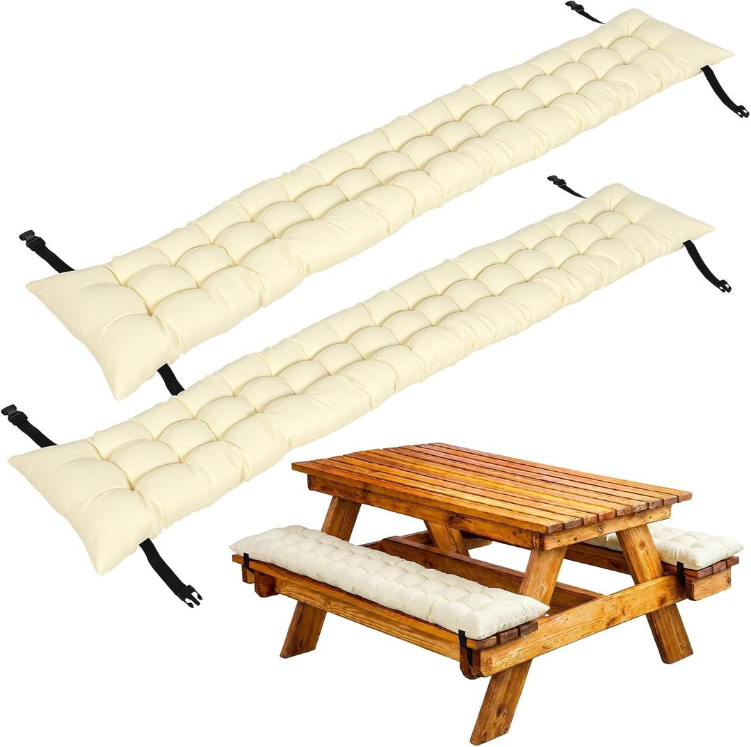BreezeHug 2 Pcs Picnic Bench Cushion 6' Waterproof Outdoor Picnic Table Seat Cushion with Durable Straps and Buckles, 72" (6ft) x 10" x 3" Tufted Fade Resistant, Folding & Easy to Carry (Beige)