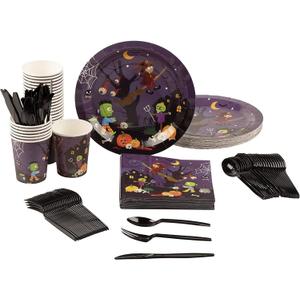 BLUE PANDA - Spooky Halloween Party Bundle, Includes Plates, Napkins, Cups, and Cutlery (24 Guests,144 Pieces) - Spooky Party Plates