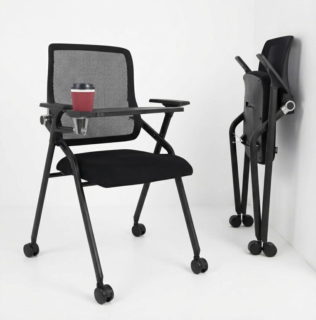 BLANEDUO Updated Conference Room Chairs with Tablet Arm, Folding Office Desk Chair with Lumbar Support and Sliding Armrest with Casters, Stackable Office Guest Chairs & Reception Chairs, 1 Pack Black