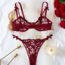 Lilosy Sexy Underwire Cute Push Up Strappy Embroidered Mesh Sheer Lingerie Set See Through Panty Bra (Red, M)
