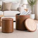 Leather Storage Ottoman Round, Foot Stool with Storage for Living Room, 14.8"D x 14.8"W x 17.3"H