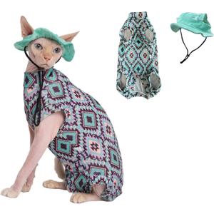Sphynx Cat Clothes Cooling Shirt & Hat Summer Set, Breathable UPF Sun Protection for Devon Rex Sphynx Cats (S(2-3.5lbs))