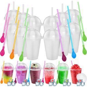 12 Sets Slushie Cups with Dome Lids and Straws Detachable Spoon Straws Reusable 16 oz Plastic Iced Coffee Cups Smoothie Tumbler for Birthdays Summer Party Supplies (Transparent White)