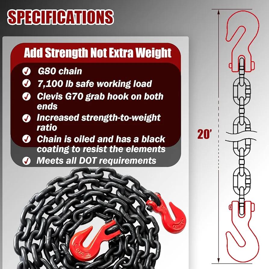 G80 Transport Binder Chain 3/8 Inch x 10 Foot | Tow Chain with Clevis Grab Hooks | 7,100 lbs Safe Working Load | Heavy Duty Chain for Transporting Towing (3/8'' x 10FT (Black))
