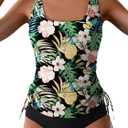 B2prity Tummy Control Tankini Swimsuit for Women Ruched Two Piece Bathing Suit Drawstring Swimwear with Bottom (XX-Large, Black,printed)