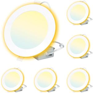 6 Inch White Recessed Lighting with Night Light 6 Pack, High Brightness Canless Wafer, 12W, 120V, 1100LM, Dimmable, 2700K-5000K Selectable, ETL FCC