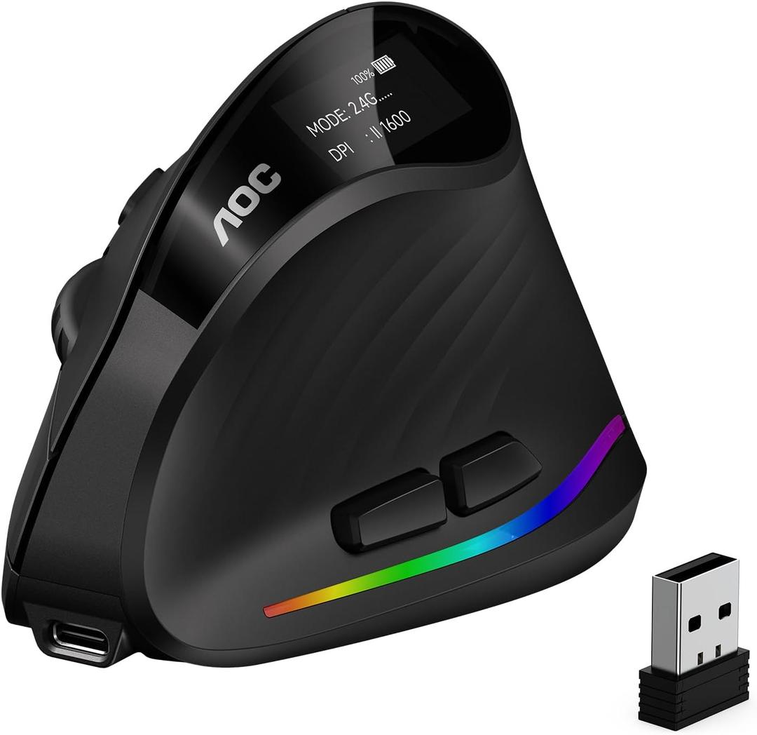 AOC 2.4GHz Ergonomic Mouse, Wireless Bluetooth Vertical Mouse for Work, 4800 DPI Optical Tracking, 5 Adjustable DPI, Quiet Clicks, RGB Light, Compatible with Computer, Laptop, PC, Mac, Desktop  Gray
