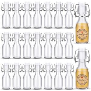 24 PCS Mini Flip Top Glass Bottle with Stoppers Decorative Small Swing Top Glass Bottles with Lids Kraft Adhesive Round Stickers for Wedding Themed Party Gift(4OZ/120 ml)