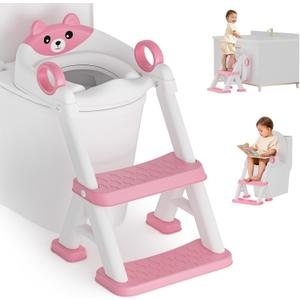 Potty Training Seat, Toddler Toilet Seat With Steps, 2 In 1 Toddler Potty Training Toilet With Splash Guard, Anti-Slip Step Stool Soft Mat, Adjust High Potty Seats For Toddlers Kids Boys Girls (Pink)