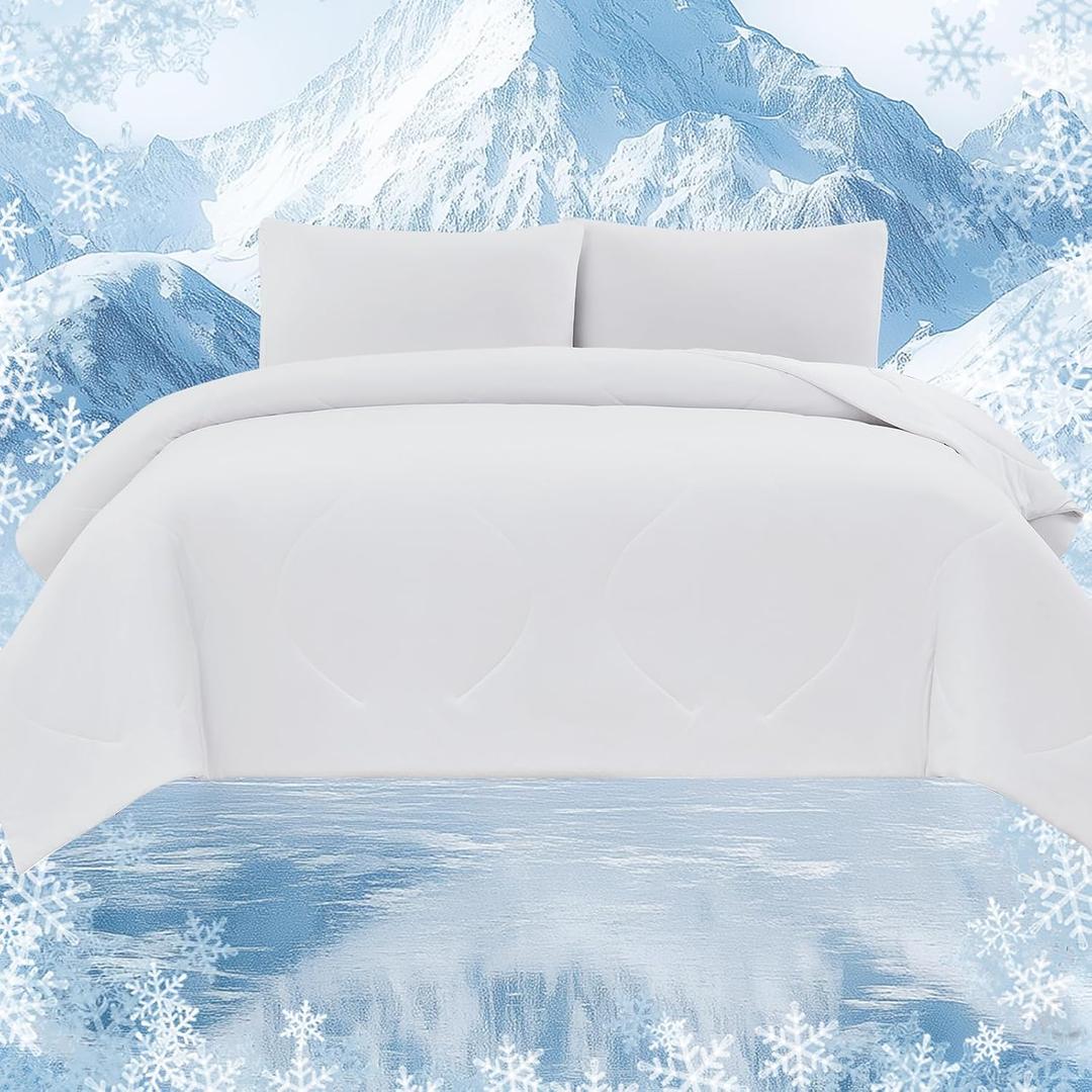 Cooling Comforter Set with Sheets&Pillowcases,Cooling Blanket for Hot Sleeper Cold ice Double Side White Bed Set Queen Size 4pcs(Comforter+Fitted Sheets+2Pillowcases)