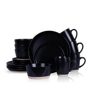 Stone Lain Jules Modern Stoneware 12-piece Round Black Dinnerware Set, Plates and Bowls Sets, Black, 2 Big Plates, 2 Small Plates, 4 Cups, 4 Bowls