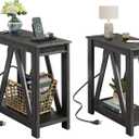 WLIVE End Tables Living Room Set of 2 with Charging Station, Sofa Side Tables with Open Storage Shelf, Slim Farmhouse End Table Sets, Charcoal Black