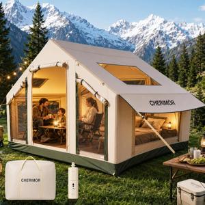 CHERIMOR Inflatable Tent with Skylight, Auto Inflation Pump, 4-6 Person, 445 FT Interior, Double-Layer Waterproof Oxford, Hot Tent with Stove Jack, Quick Setup Blow Up Tent for Camping & Hiking
