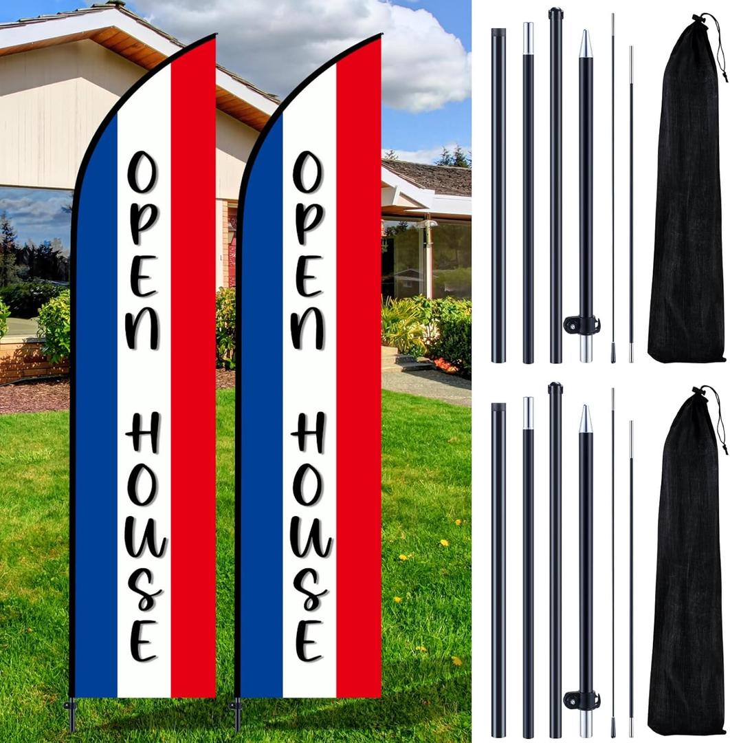 SmoothNovelty 2 Sets Open House Flag for Real 7ft Estate Agents Windless Open House Signs with Pole Kit Ground Stakes Travel Bags Flags for Businesses Advertising Feather Banner