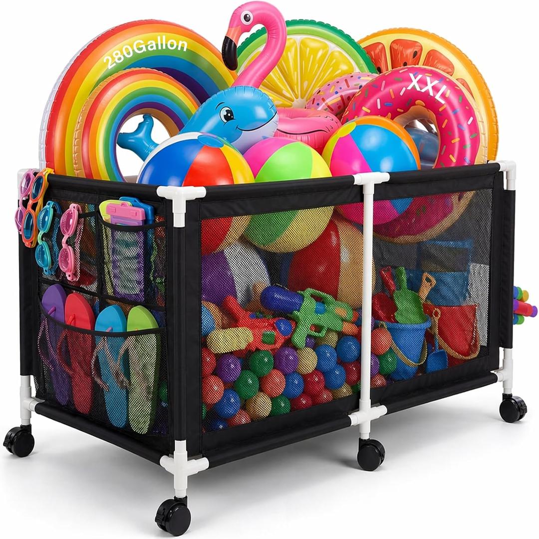 280 Gallon 69" Pool Storage Bin XXL Extra Large Swimming Pool Float Storage Bin, Pool Noodles Holder, Toys, Floats, Balls and Floats Equipment Mesh Rolling Bin for Garden Lawn, 69" Lx32 Wx35 H (Black)