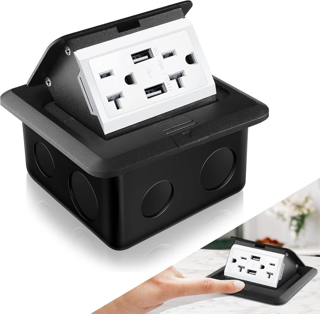 Hoolerry 1 Pack Pop up Floor Electrical Outlet Cover Box Kit with 4.8A USB Charger 20Amp Waterproof Weatherproof Floor Tamper Resistant Outlet Receptacle for Countertop Home (Black)
