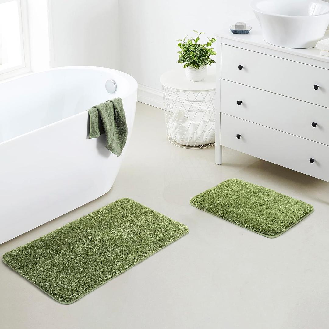 YHF Bathroom Rug Set 2 Piece, Extra Thick & Soft Microfiber Shaggy, Machine Washable Bath Mats, Absorbent Bath Rugs, Non-Slip Rubber Backing Bath Mat for Bathroom Floor, Tub and Shower, Sage Green, 2 Piece: 17" X 24" + 20" X 32"