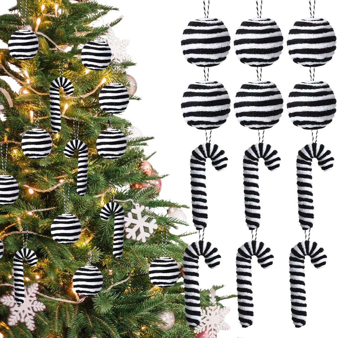 Soulchen 12 Pcs Christmas Candy Cane Ball Decorations - Plush Candy Cane and Hanging Christmas Ball Ornaments, Tree Hanging Decorations for Xmas Tree Home Party Favor Supplies (Black and White)