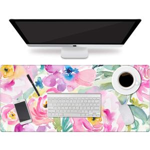 HAOCOO Floral Extended Desk Pad, Large Mouse Mat With Edge Stitching, 2 MM Thick Waterproof Computer Keyboard Mat, Non-Slip Rubber Base for Office (Colorful Floral Pink)
