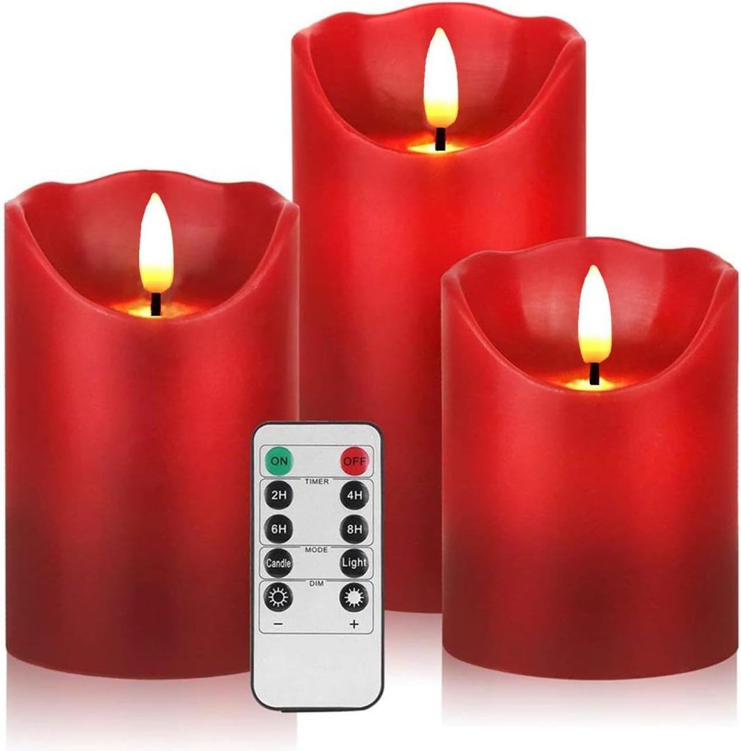 3 PCS Red Flickering Flameless Candles - Dripless Real Wax Pillar LED Candle Lights - Battery Operated Candles - Dancing Electronic Candles Set with Remote Control and Timer for Decoration Use