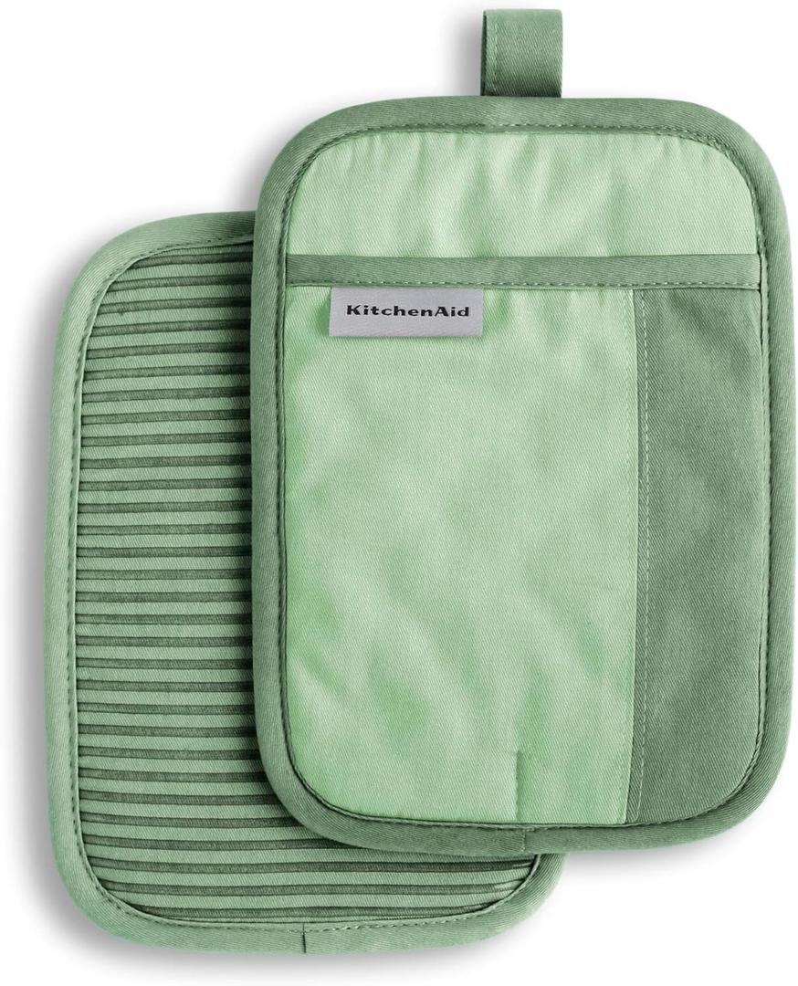 KitchenAid Beacon Two-Tone Non-Slip Pot Holder Set, Pistachio/ Graphite Green, 7"x10", 2 Piece