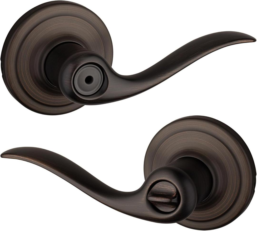 Kwikset Tustin Interior Privacy Door Handle with Lock, Metal, Door Lever For Bathroom and Bedroom, Venetian Bronze Reversible Keyless Turn Lock, with Microban Protection (1 Pack)