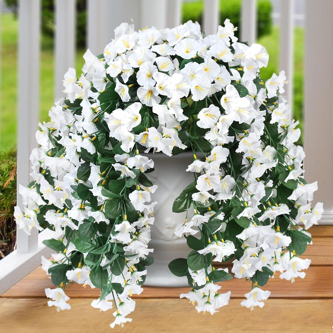 Sggvecsy Artificial Fake Hanging Flowers Plants for Outdoor Outside Spring Summer Decoration 4PCS Faux Silk UV Resistant Realistic Morning Glory Trailing Vines for Home Porch Patio Balcony(White) Sggvecsy Artificial Fake Hanging Flowers Plants for Outdoor Outside Spring Summer Decoration 4PCS Faux Silk UV Resistant Realistic Morning Glory Trailing Vines for Home Porch Patio Balcony(White)
