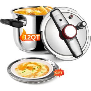 Pressure Cooker 12 QT, Stainess Steel Pressure Canner 12 Quart, Explosion-Proof Cookware, Rotating Lock/Unlock Lid, One-handed lid opening, Thickened Silicone Ring And Anti-scald Handle, Silver