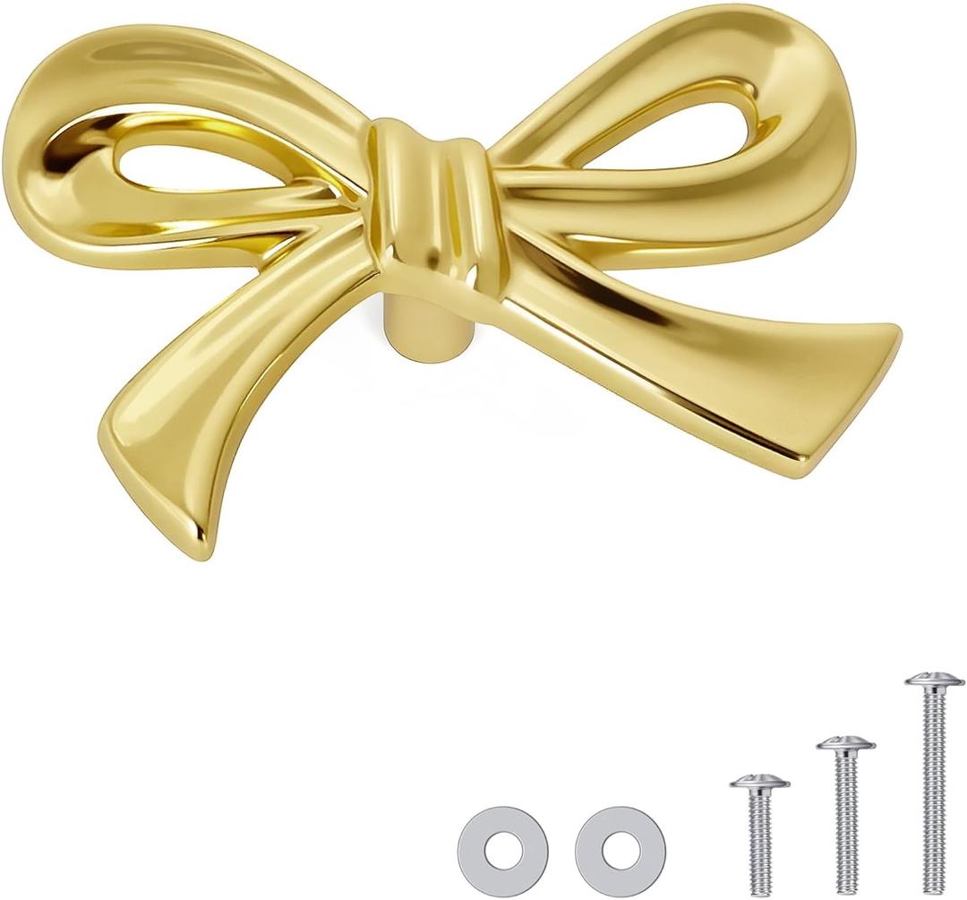 8 Pack Brushed Gold Bow Dresser Knobs, Small Decorative Cabinet Drawer Pull Handles for Girls Bedroom and Nursery Room Decor