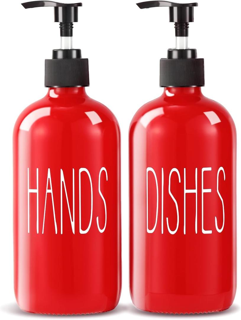 Glass Soap Dispenser Set 2 Pack,16 Oz Dish Soap Dispenser for Kitchen Sink,Red Kitchen Accessories and Kitchen Decor,Red Decorations and Kitchen Utensils for Kitchen